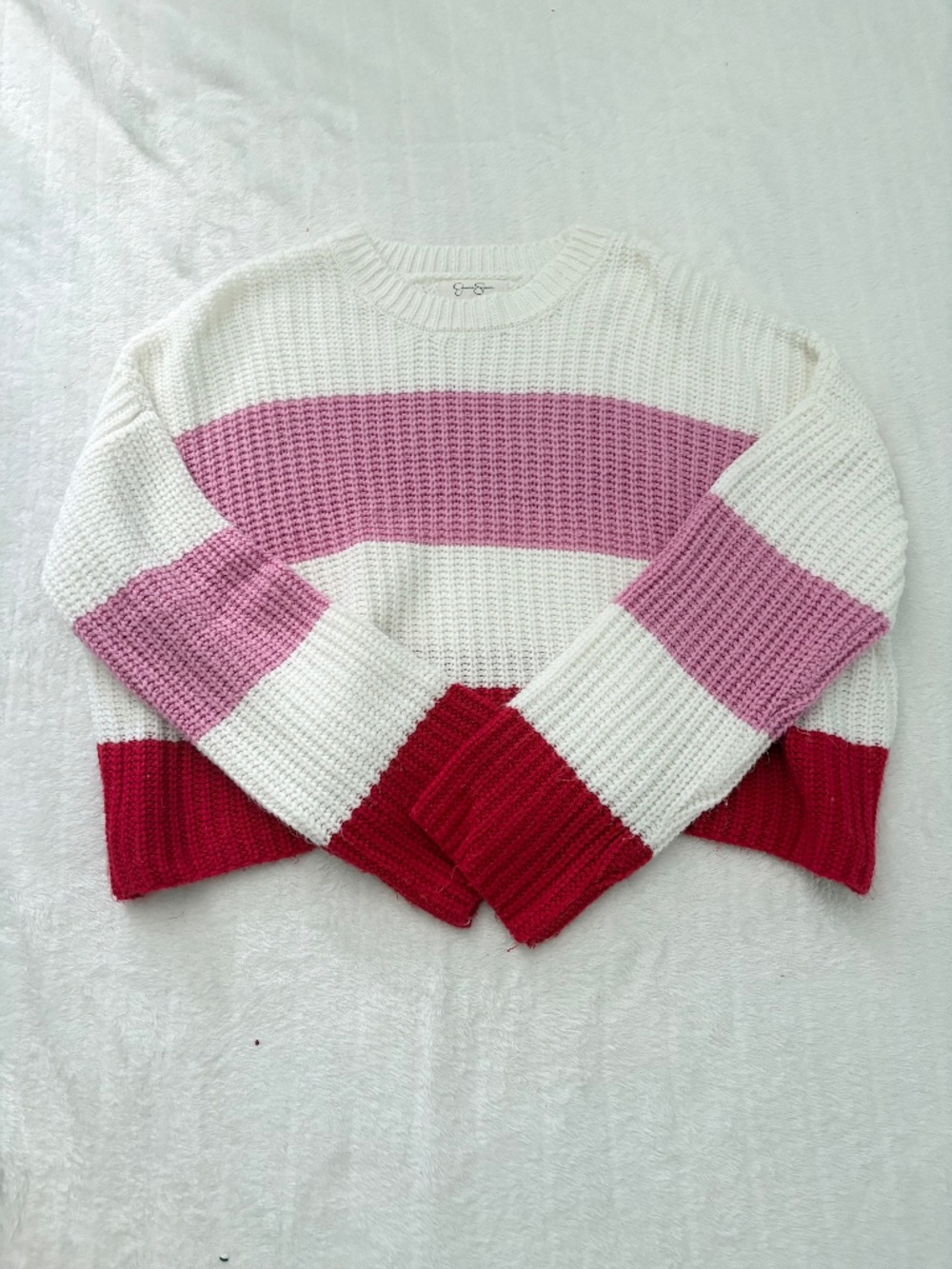 Jessica Simpson Sweater Women’s Large White/Pink Striped Knit Sweater